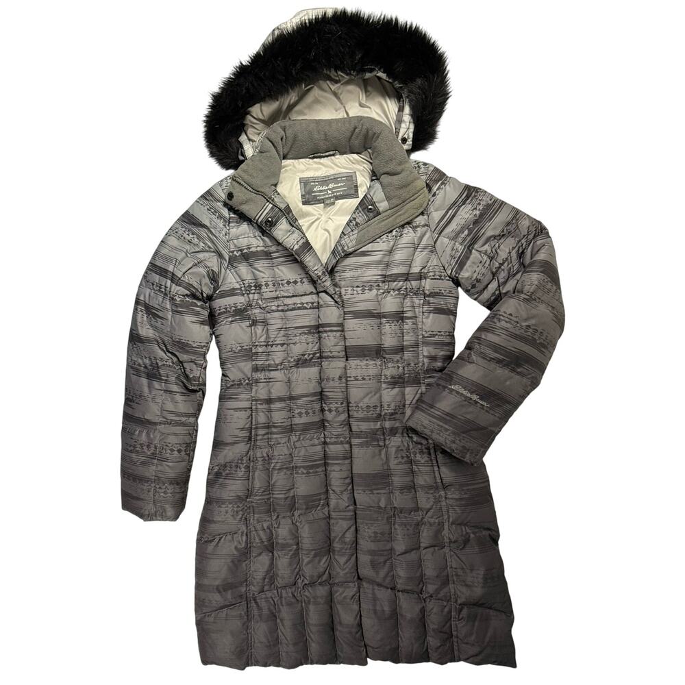 EDDIE BAUER Xtra Small XS Classic Down Puffer Parka Coat Hood Gray Black Pattern